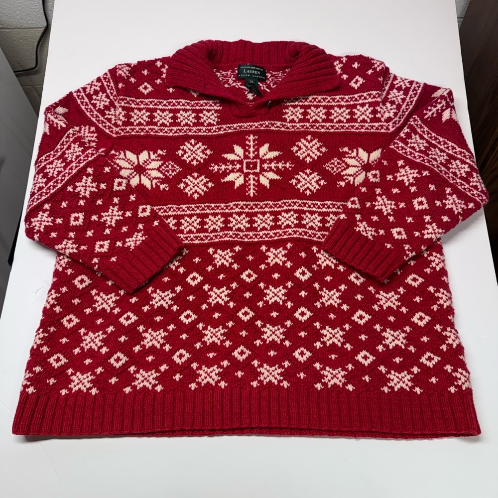 VTG Lauren Ralph Lauren Red Cotton Hand Knit Nordic Sweater White Snowflakes 3X